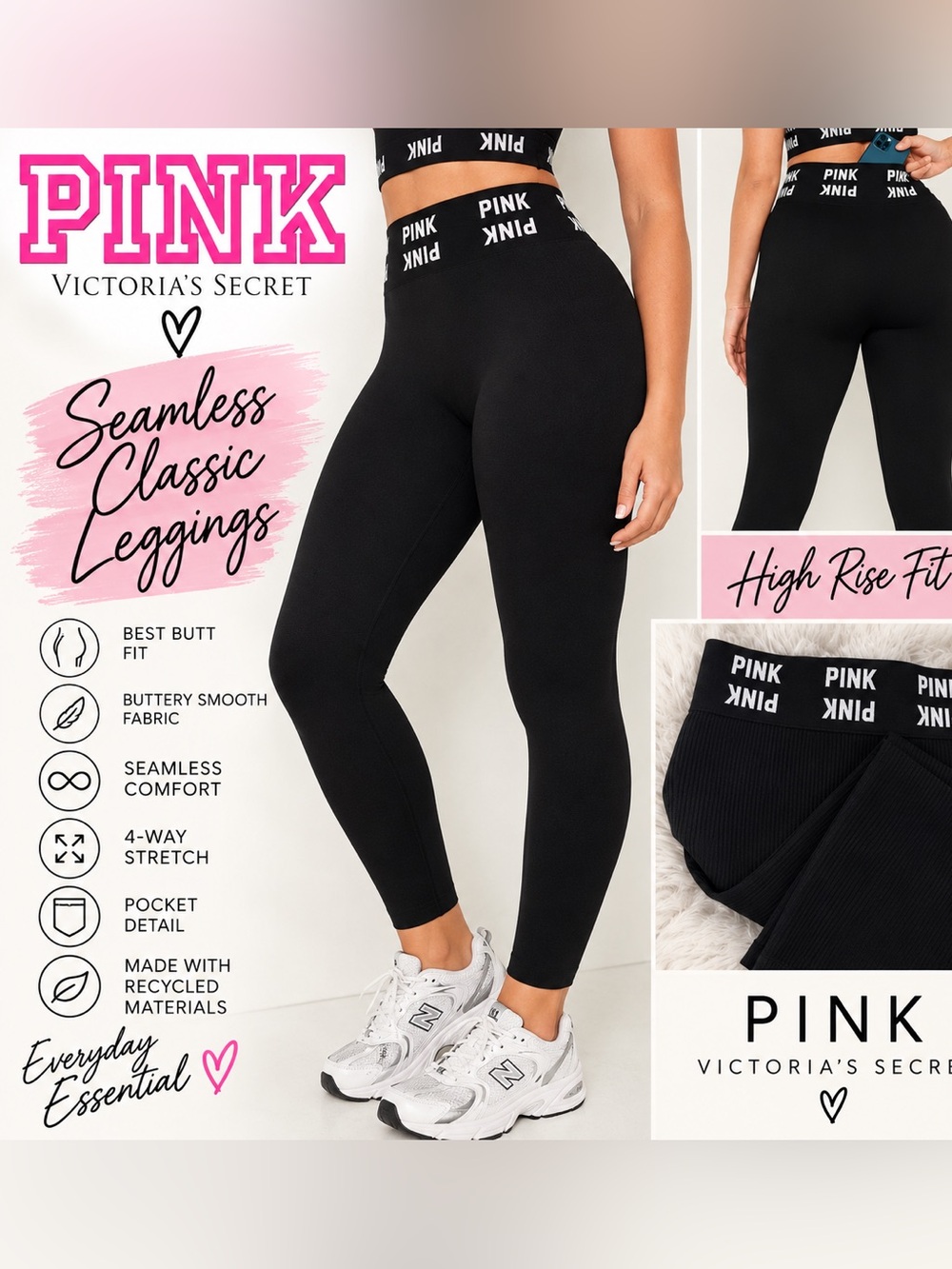 PINK Victoria’s Secret Seamless Classic Logo Leggings Black High Rise NWT